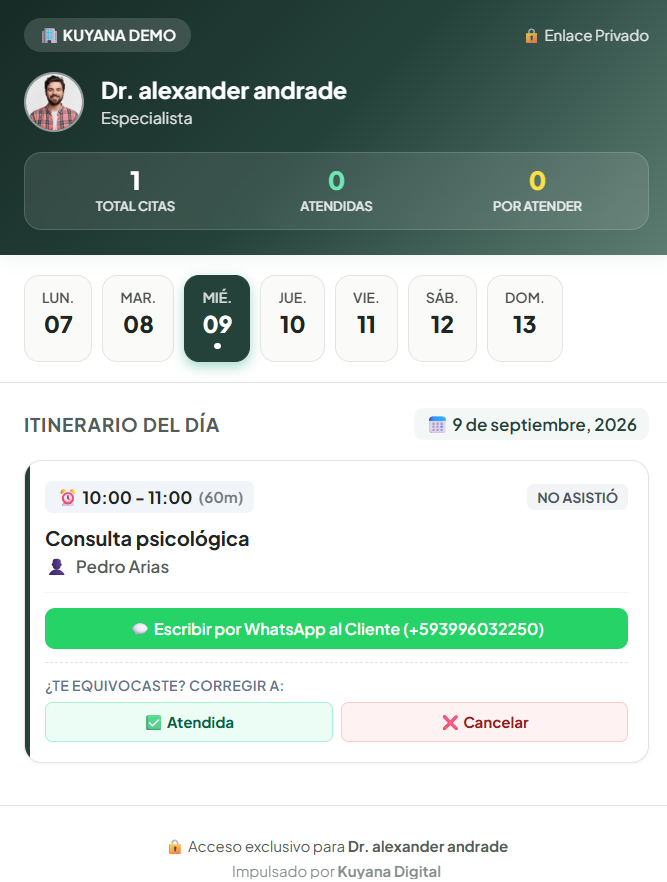 Agenda Privada del Profesional - Vista diaria con citas y estado