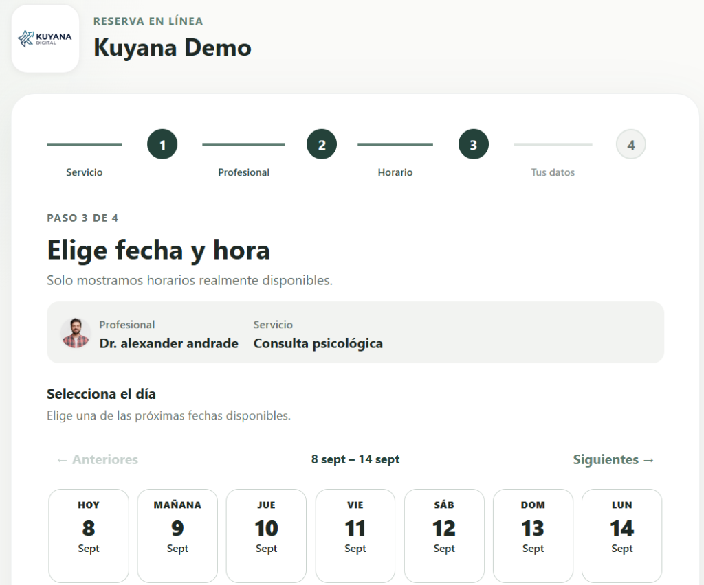Portal de Reservas Online de Kuyana Digital - Tu paciente elige fecha y hora desde el celular